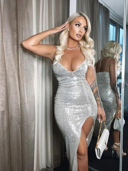 Sequin Plunge V-Neck Spaghetti Strap Side Slit Bodycon Midi Dress