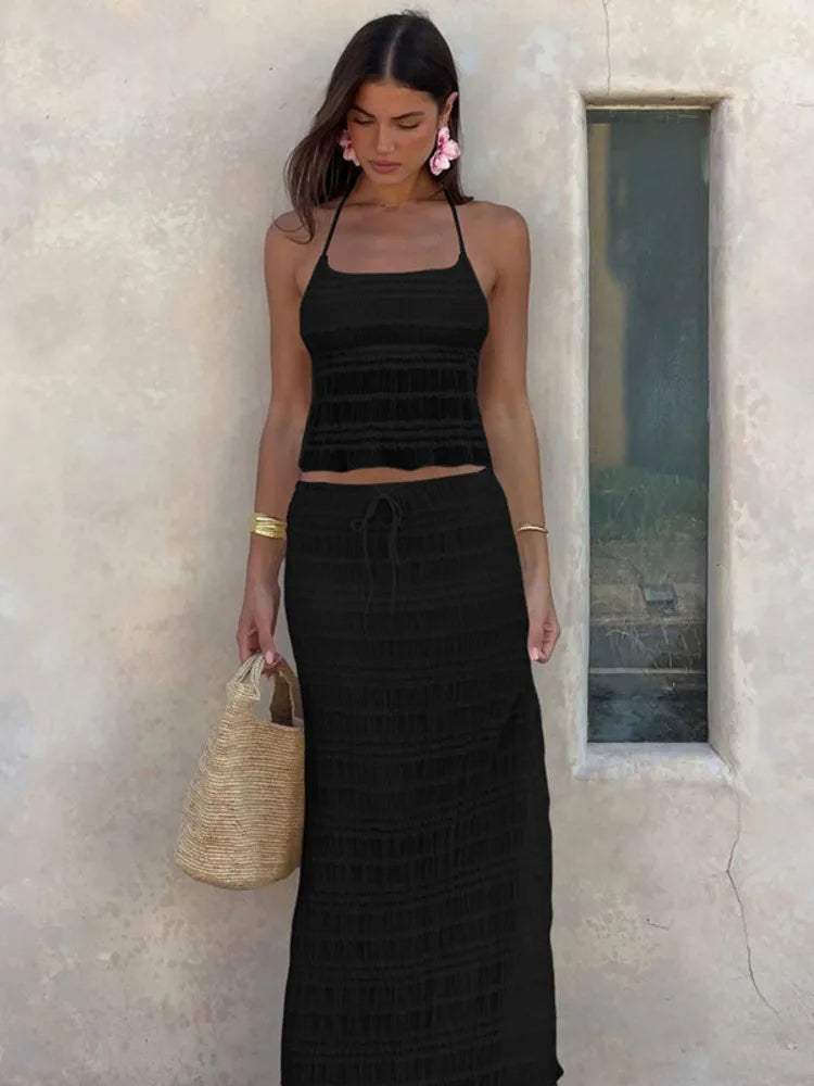 Chiffon Lace Halter Maxi Long Two Piece Skirt Set