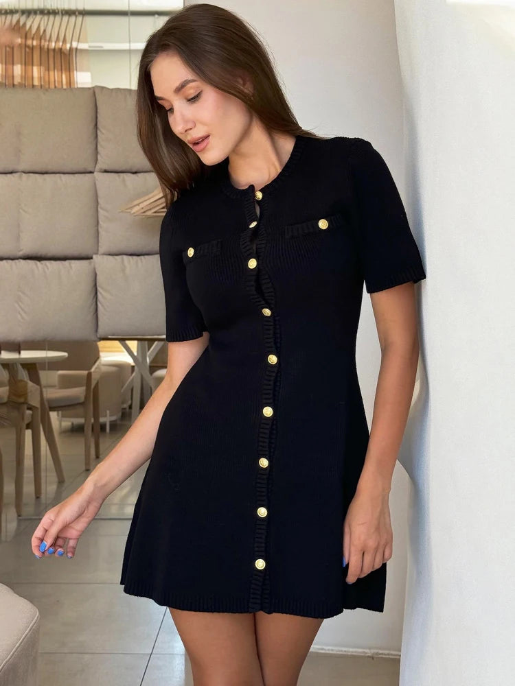 White Elegant Knitted Mini Dress For Women Metal Button Sexy Slim Rib Sweater Dress Holiday Party Outfits Autumn New