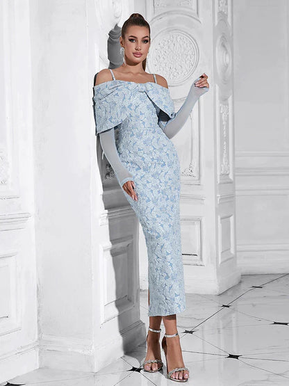 Off Shoulder Bow Detail Floral Jacquard Sheer Long Sleeve Bodycon Midi Dress