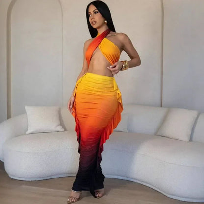 Gradient Halter Crop Top Ruffles Three Piece Swim Sets