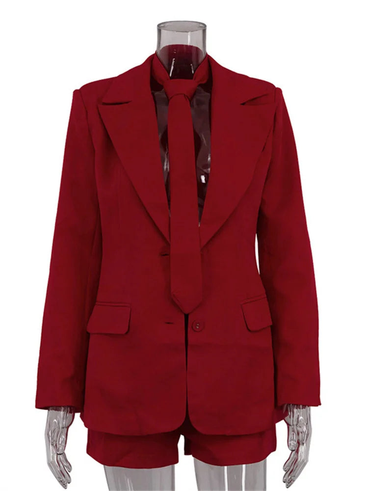 Female 2 Piece-Set Elegant Neckties Suit Pocket Outwear And High Waist Shorts Sets Commute Clothes Women’s Outfits Autumn