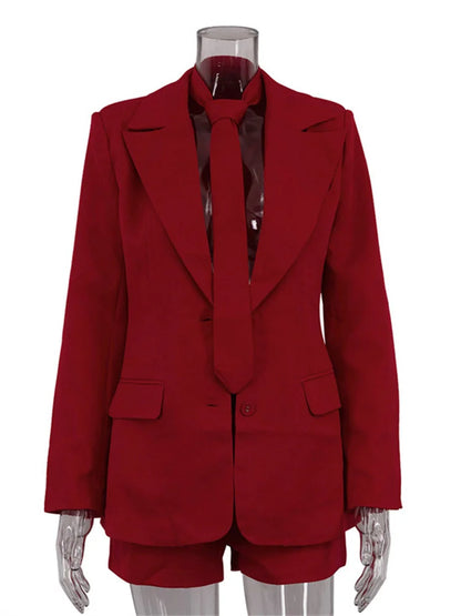 Female 2 Piece-Set Elegant Neckties Suit Pocket Outwear And High Waist Shorts Sets Commute Clothes Women’s Outfits Autumn