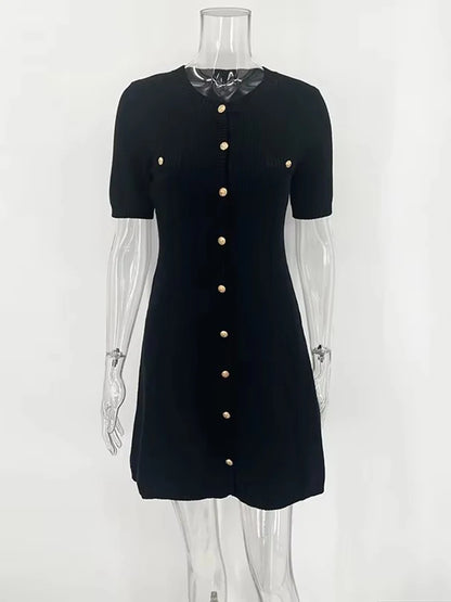 White Elegant Knitted Mini Dress For Women Metal Button Sexy Slim Rib Sweater Dress Holiday Party Outfits Autumn New