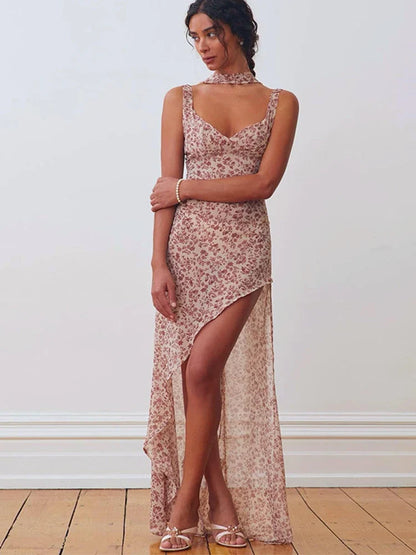 Chiffon Lace Up Slit Floral Dress