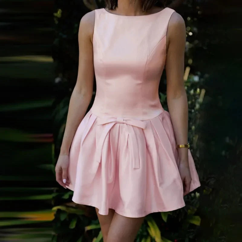 Bow Backless Pleated Sleeveless Mini Dress