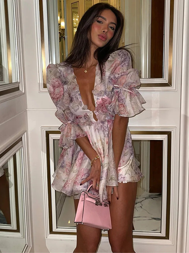 Floral Applique Organza Plunging V-Neck Puff Sleeve Fit and Flare Mini Dress