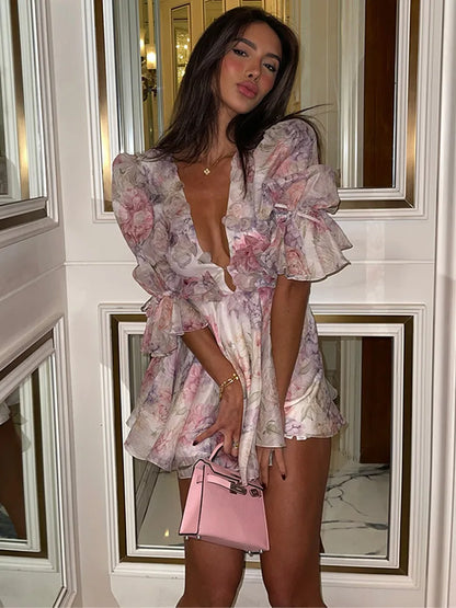 Floral Applique Organza Plunging V-Neck Puff Sleeve Fit and Flare Mini Dress
