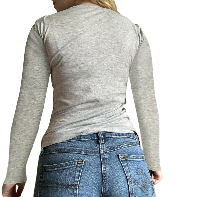 y2k Fairy Grunge Tops Gothic Aesthetic Floral Print V Neck Long Sleeve T Shirt Women Clothes Basic Sweats Streetwear