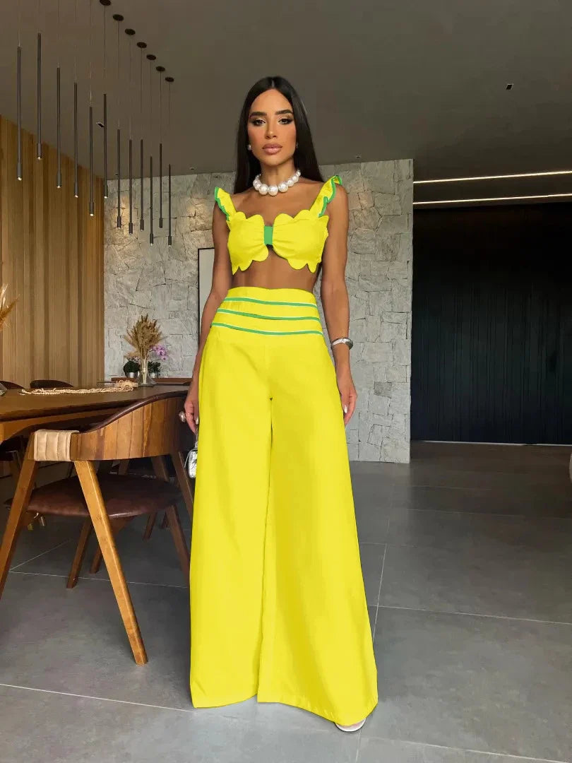 Deep V Square Collar Wide Leg Pants Set
