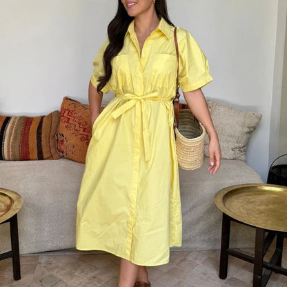 Lapel Tie Up Short Sleeve Single Breasted Long Work Dress