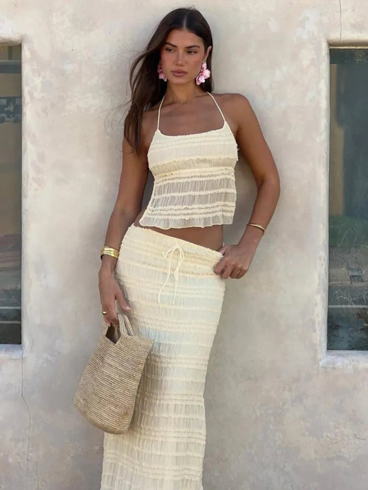 Chiffon Lace Halter Maxi Long Two Piece Skirt Set