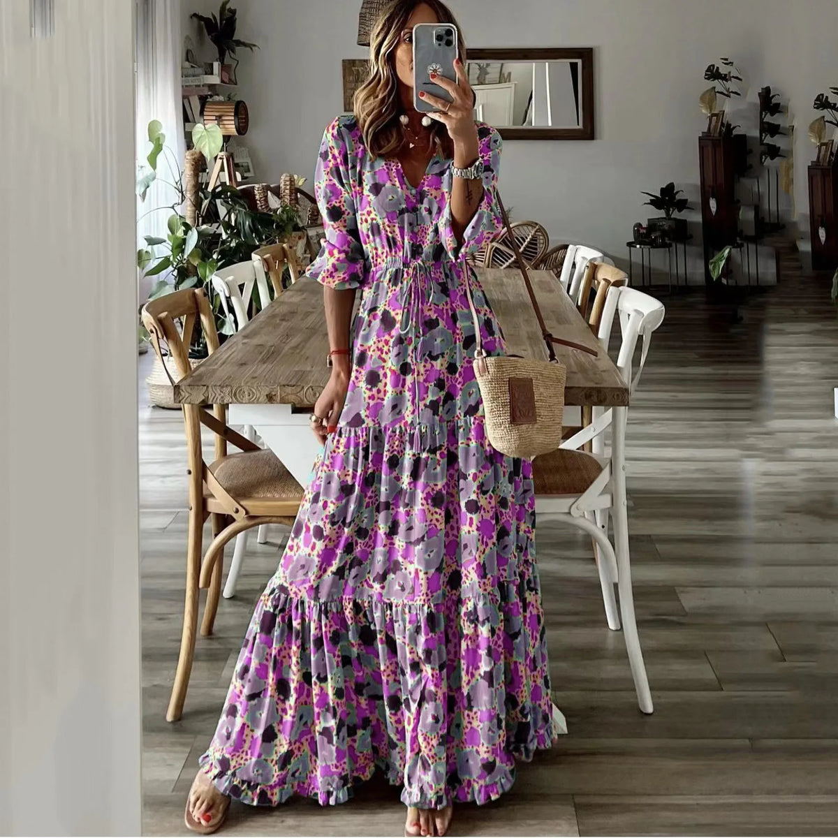Deep V-Neck Drawstring Waist Tiered Ruffle Abstract Print Maxi Dress