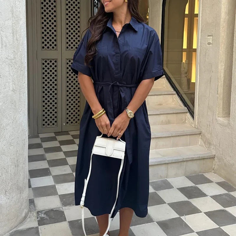 Lapel Tie Up Short Sleeve Single Breasted Long Work Dress