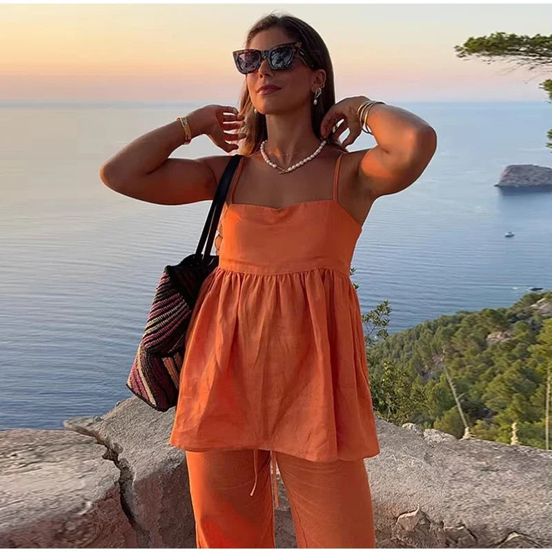 Orange Ruffles Pleated Two Piece Pants Set