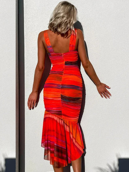 Striped Ruched Backless Bodycon Midi Dress