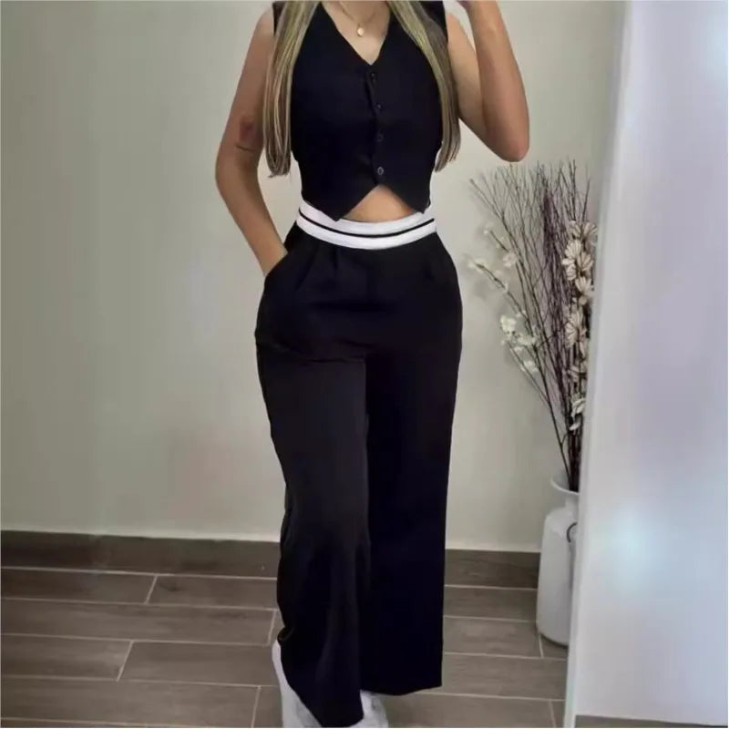 V-Neck Pocket Straight Pant Suit