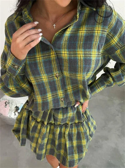 Female 2 Piece-Set Pleated Skirts Fashion Contrast Lapel High Waist Spring 2025 Shirts Outfits Women’s Mini Skirt Sets New