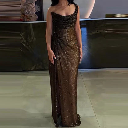 Shimmer Cowl Neck Ruched Hip Gather Spaghetti Strap Maxi Gown