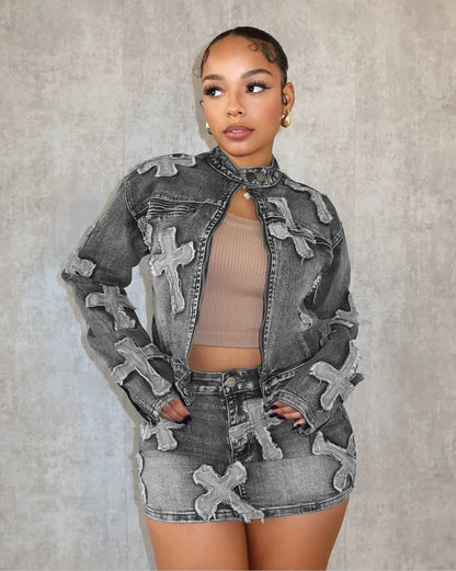 Denim Mini Cargo Elegant Jeans Club Two Piece Skirt Set