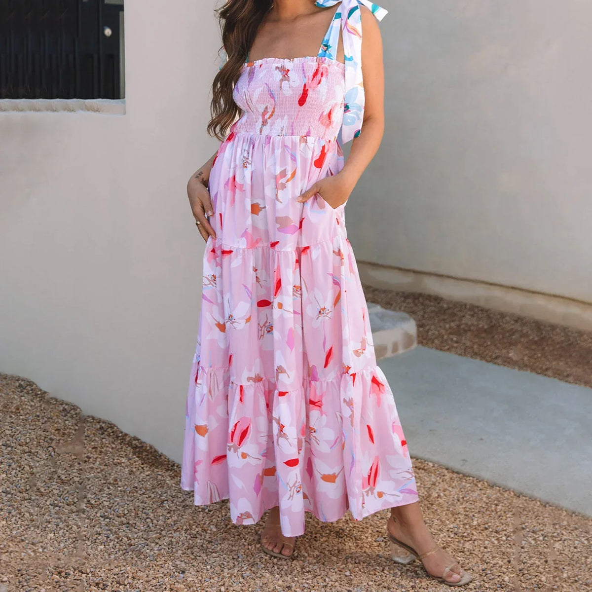 Smocked Square Neck Tie Strap Tiered Floral Maxi Dress