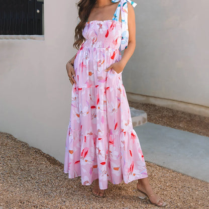 Smocked Square Neck Tie Strap Tiered Floral Maxi Dress