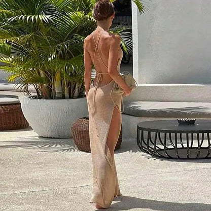 High Slit Knitted Suspender Maxi Dress