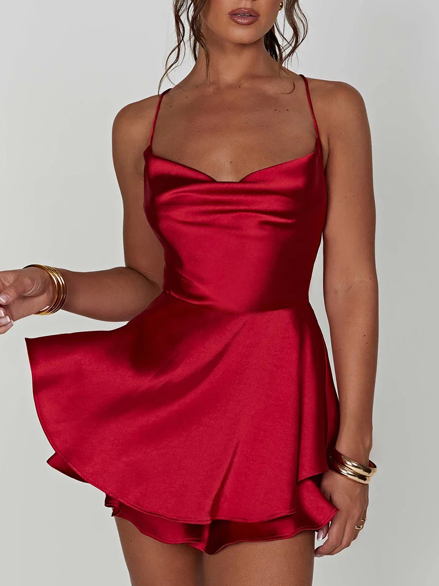 Satin Cowl Neck Tie Back Romper Mini Dress