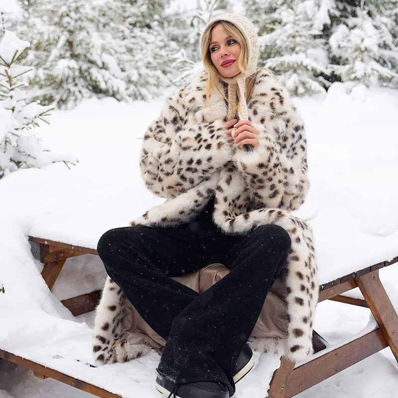Luxury Maxi Long Leopard Belted Faux Fur Coat Women Winter Brand Fashion Mob Wife Vibe Fox Fur Jacket Overcoat