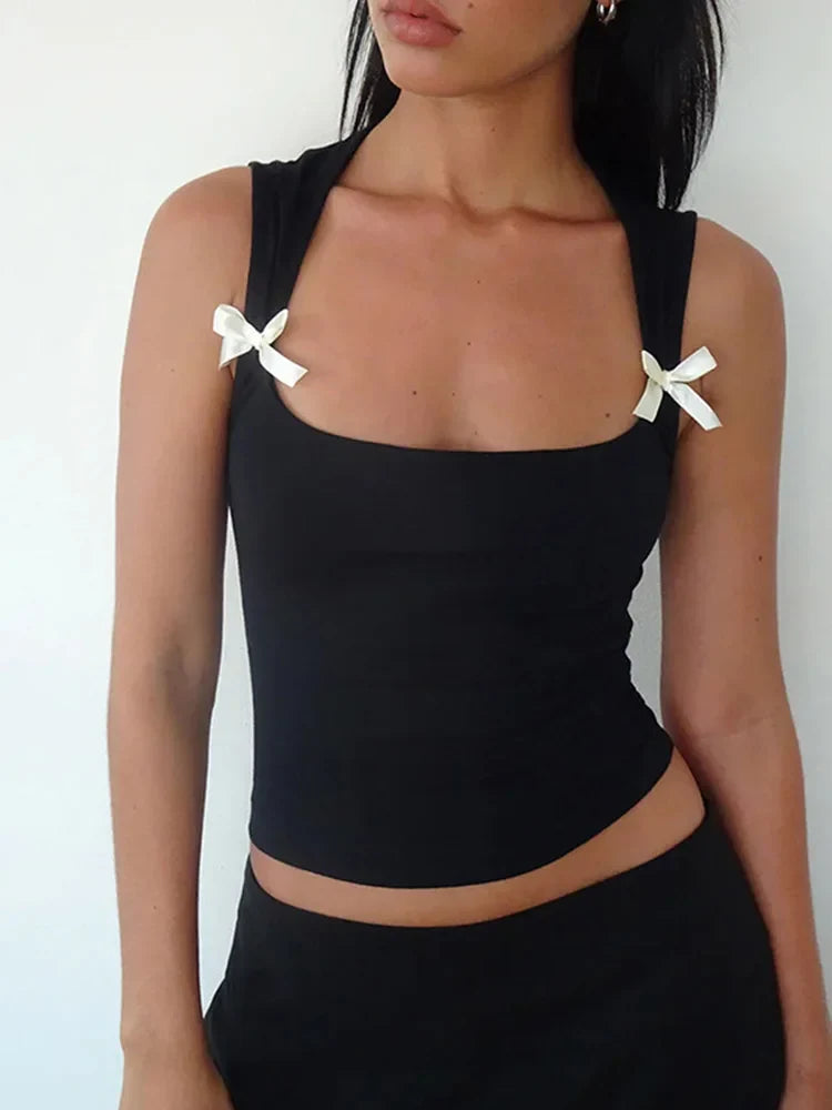 Y2K Bow Tie-Up Tank Top Crop Top