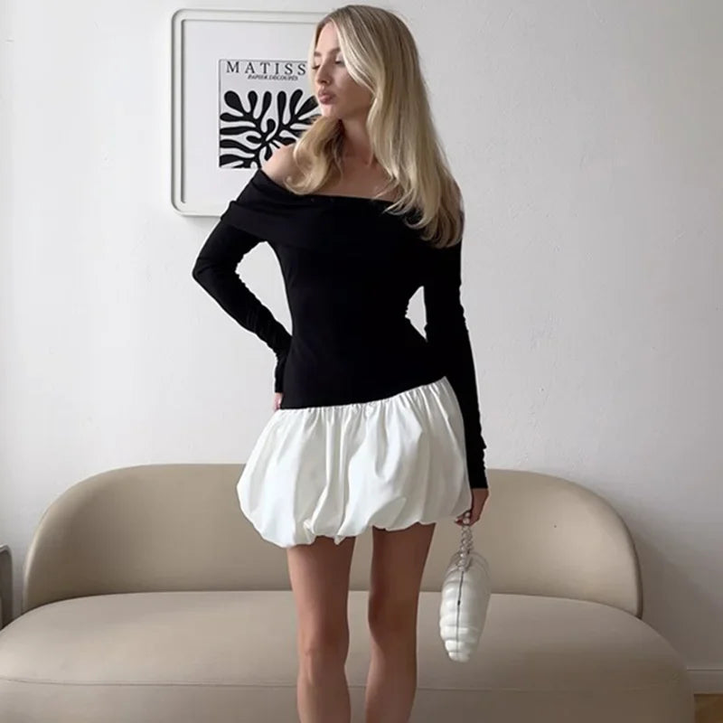 Elegant Folds Mini Dress Female One-Shoulder Contrast Color Patchwork Long Sleeves Dress Sexy Slim Party Club Dresses