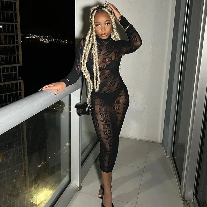 Sheer Sleeve Bodycon Long Party Dress