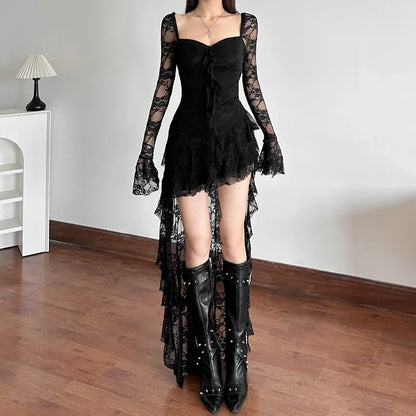 Flare Sleeve Square Neck A-Line Lace Dress