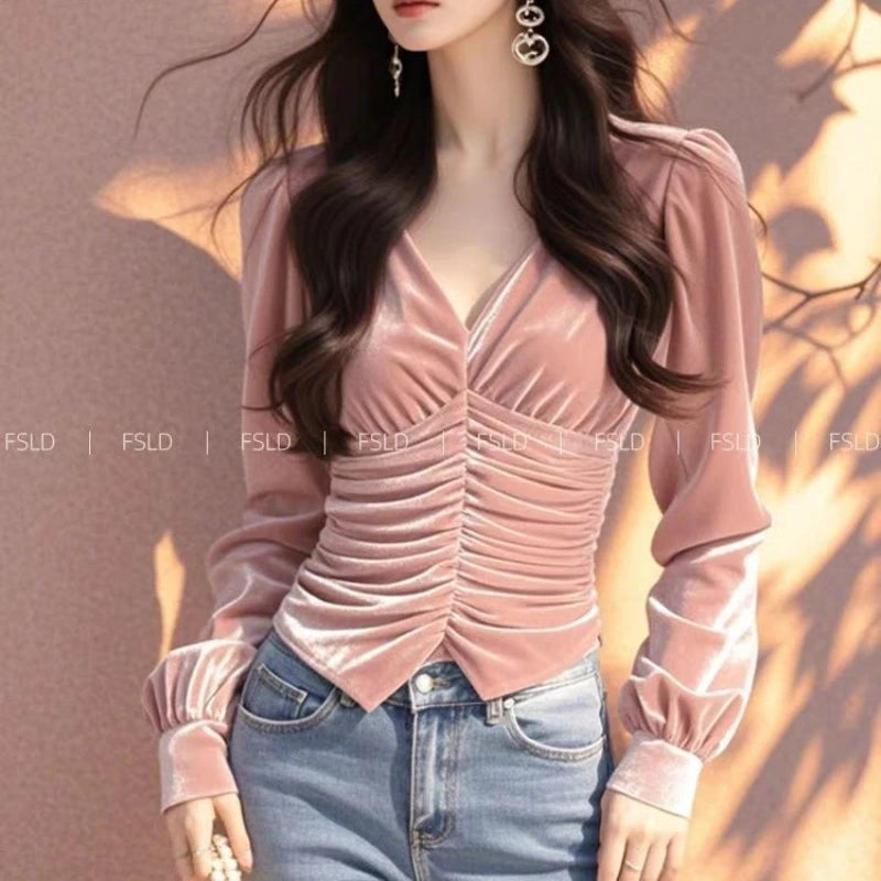 Velvet Long Sleeve T Shirt Women V Neck Casual Lady Tee Youth Elegant Luxury Top Basic Blouse Fashion New