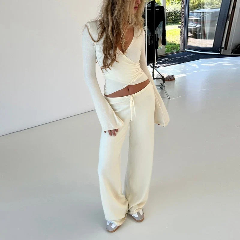 V Neck Tie Waist Two-Piece Set