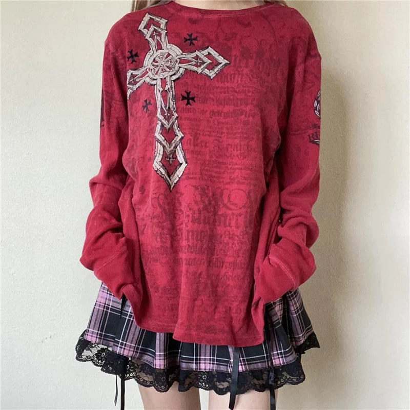 Fairy Grunge y2k Top Women Gothic Graphic Print Round Neck Long Sleeve T Shirt Emo Clothes 2000s Clothing Streetwear