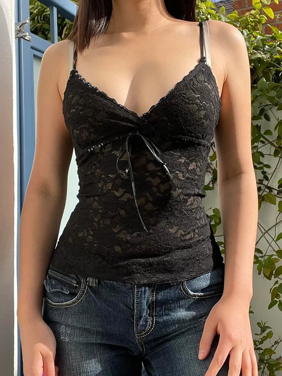 Black Lace V-Neck Cami Crop Top