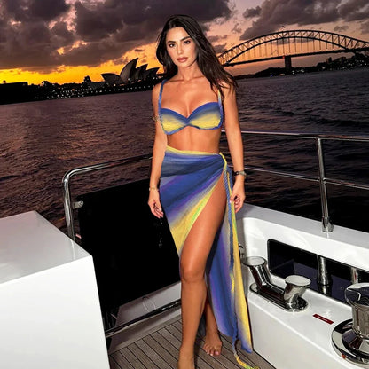 Gradient Cover Up Push Up Long Skirt Three Piece Swim Sets