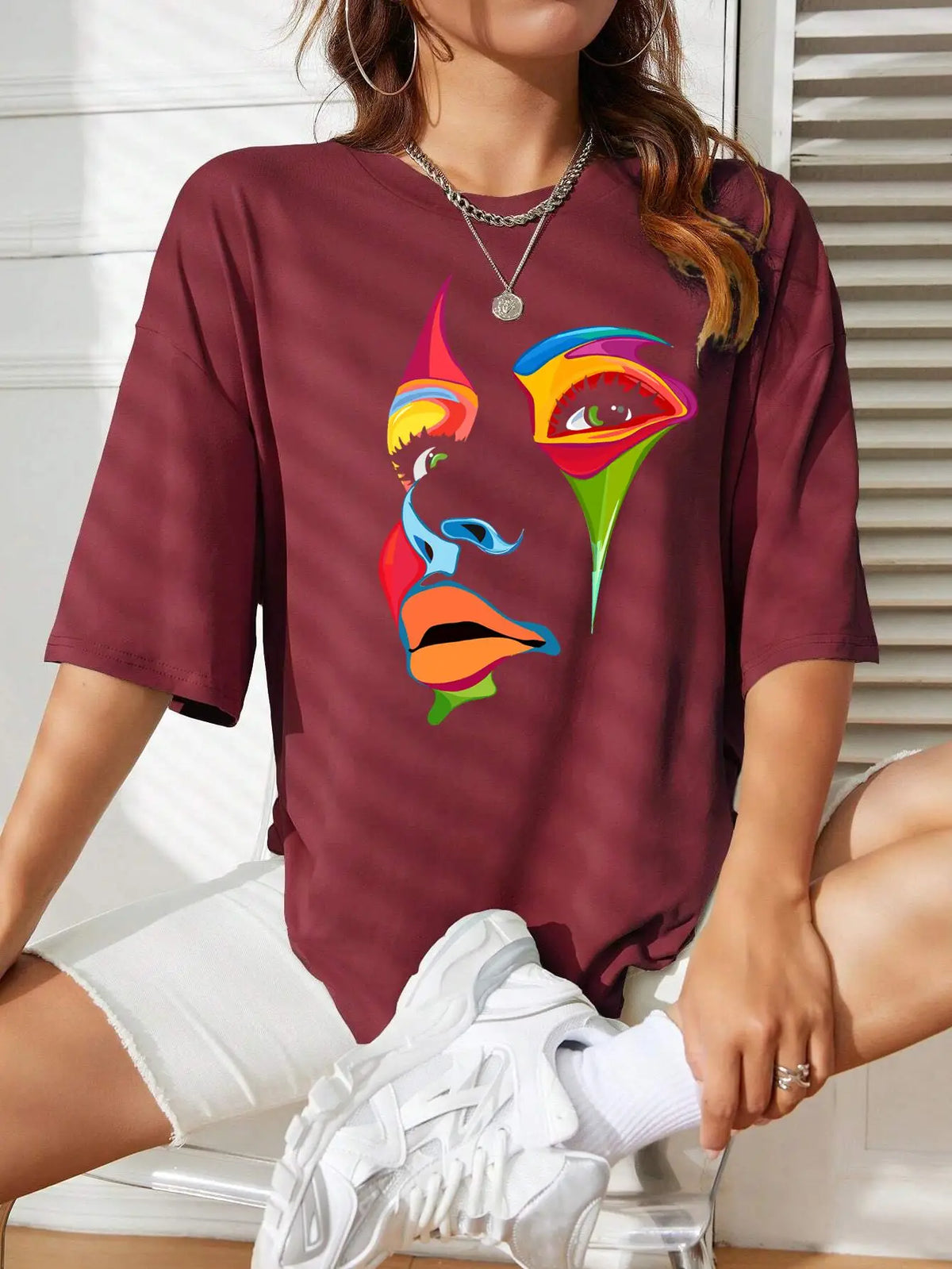 Painted Lady Face Personality Design Print T Shirt Female Street Comfortable T-Shirt Soft Casual Tops Breathable Short Sleeve