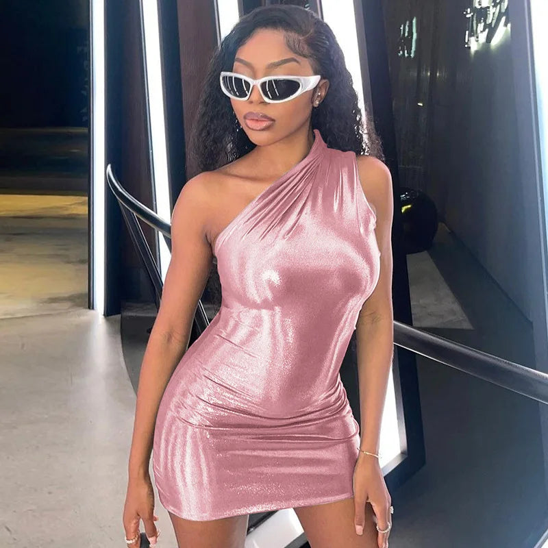 Metallic One Shoulder Ruched Drape Asymmetric Hem Mini Dress