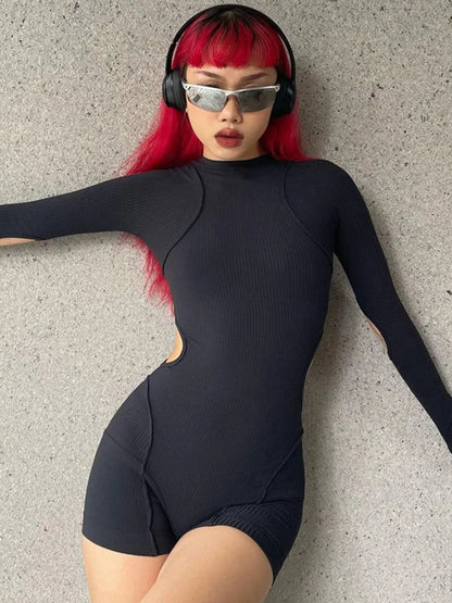 Summer Fashion Slim Solid Colour Playsuit One Piece Casual Round Neck Sleeveless Women’s Sexy Hollow Splicing Women Clothing