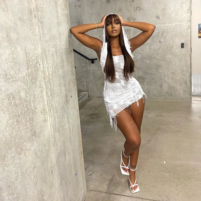Hooded Distressed Layered Shredded Deep V-Neck Bodycon Mini Dress