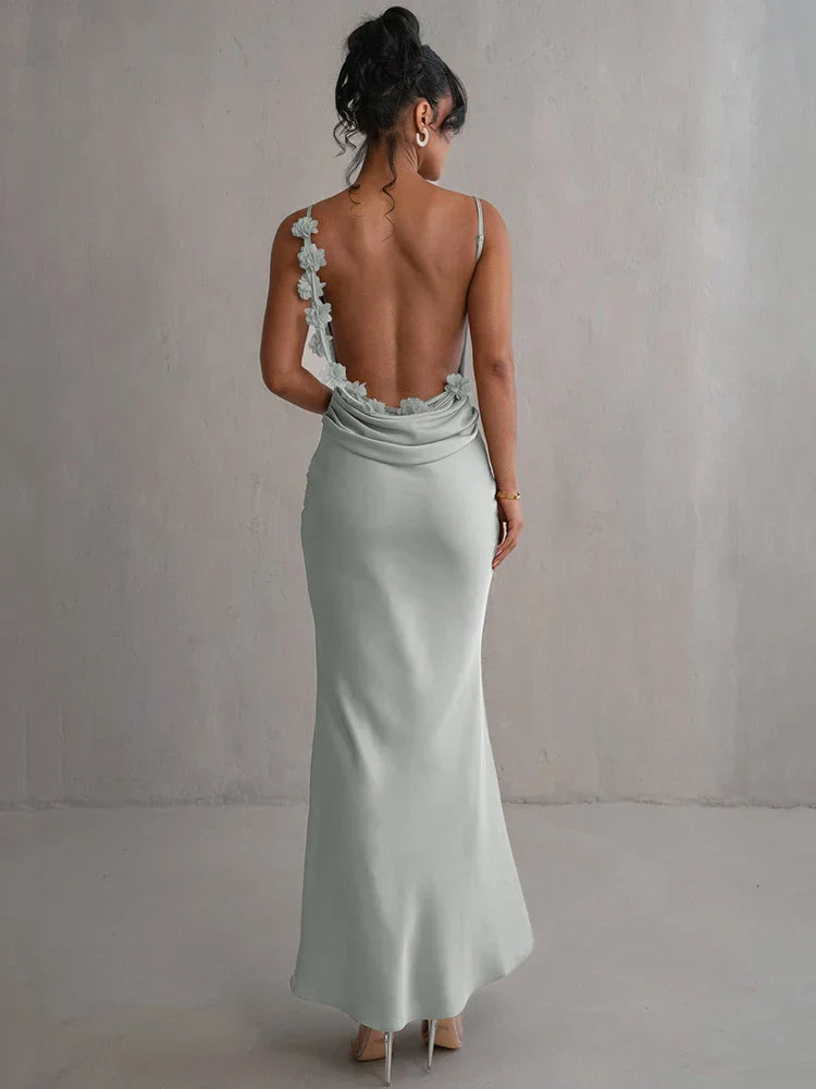Satin Floral Applique Cowl Back Spaghetti Strap Maxi Gown