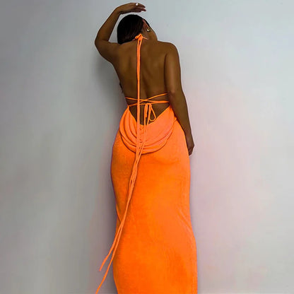 Spaghetti Strap Tie Shoulder Cowl Back Shimmer Mermaid Maxi Dress