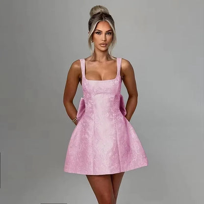 Off Shoulder Oversized Bow Jacquard Fit and Flare Mini Dress