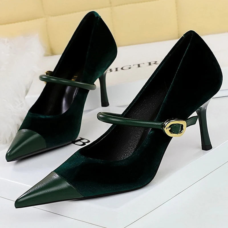 Shoes New Buckle Design Women Pumps Pointed Shoes High Heels Suede Stilettos Heels 7cm 10cm Ladies Shoes Large Size 43