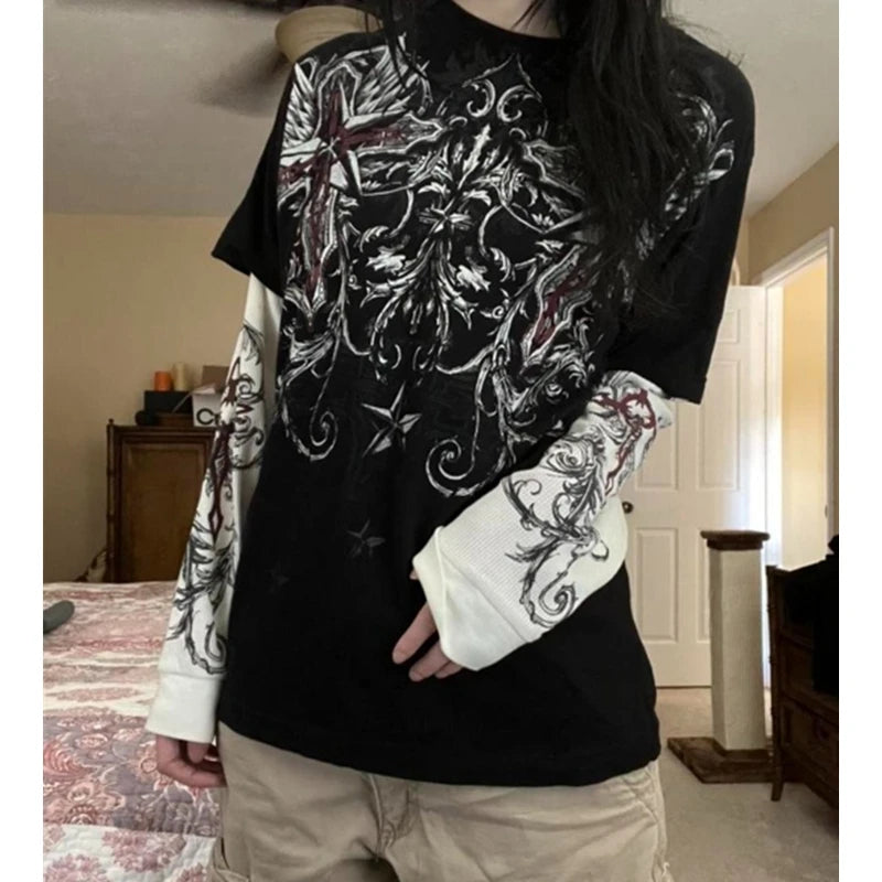Gothic Tops Women Vintage Graphic Print Patchwork Long Sleeve T Shirts y2k Dark Academia Aesthetic Clothes Streetwear