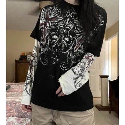 Gothic Tops Women Vintage Graphic Print Patchwork Long Sleeve T Shirts y2k Dark Academia Aesthetic Clothes Streetwear