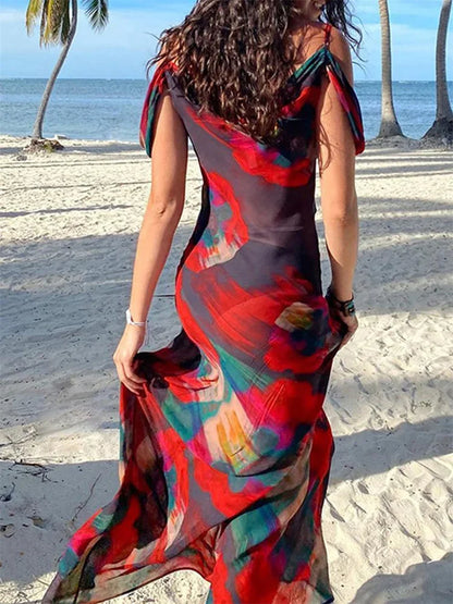 Print Mesh Pleated Off Shoulder Maxi Dress