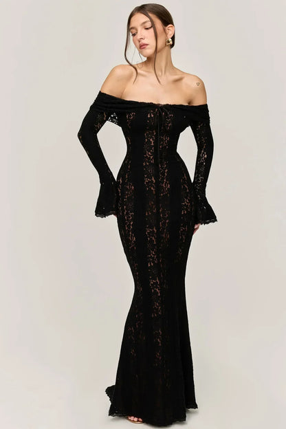 Off Shoulder Floral Lace Bell Sleeve Tie Front Maxi Dress